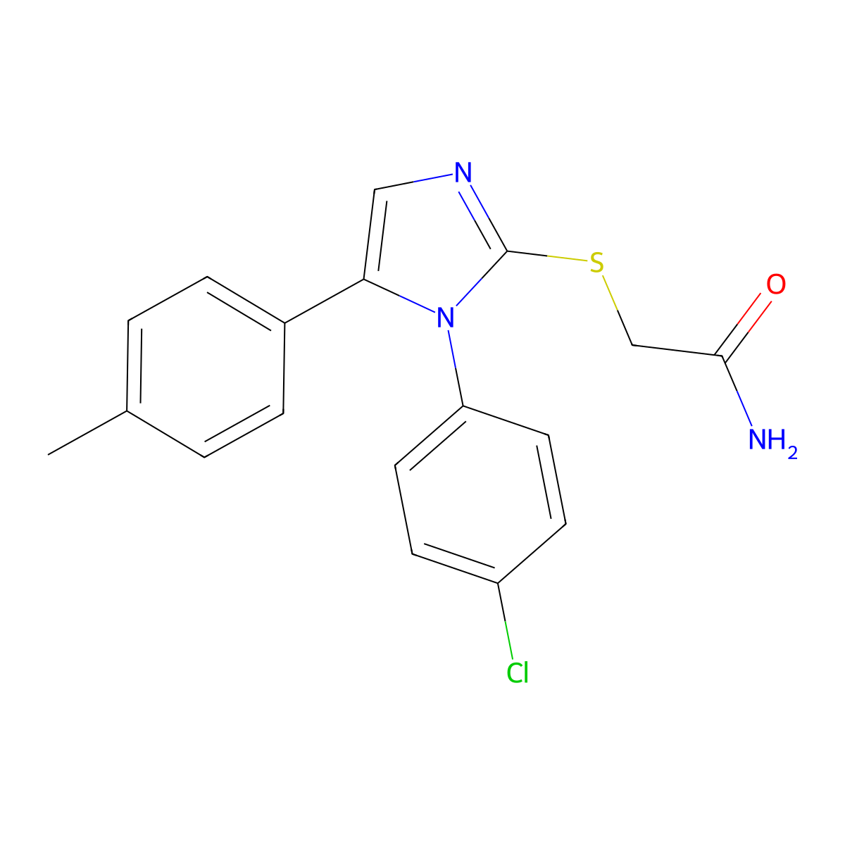 2-((1-(4-chlorophenyl)-5-(p-tolyl)-1H-imidazol-2-yl)thio)acetamide molecular structure, CAS 1226431-81-7