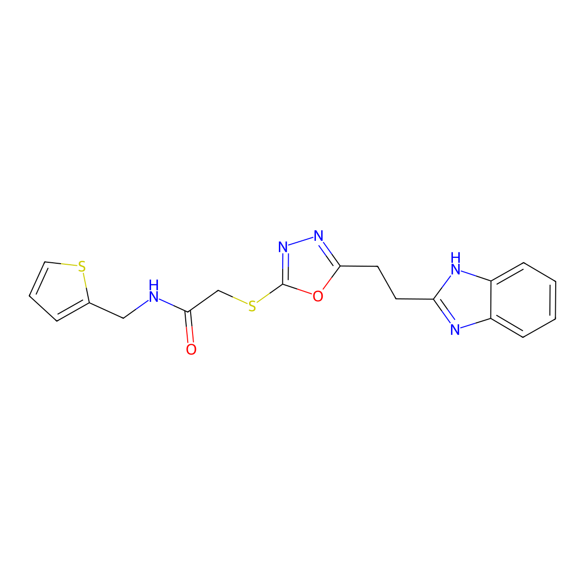 2-((5-(2-(1H-benzo[d]imidazol-2-yl)ethyl)-1,3,4-oxadiazol-2-yl)thio)-N-(thiophen-2-ylmethyl)acetamide molecular structure, CAS 1226431-85-1