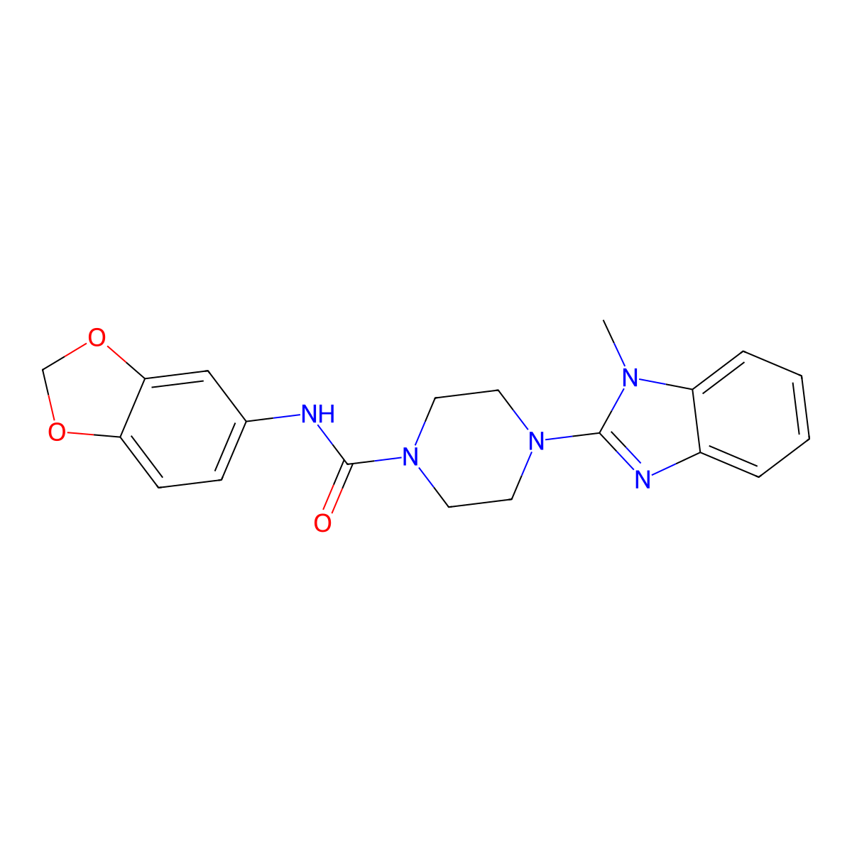 N-(benzo[d][1,3]dioxol-5-yl)-4-(1-methyl-1H-benzo[d]imidazol-2-yl)piperazine-1-carboxamide molecular structure, CAS 1226431-92-0