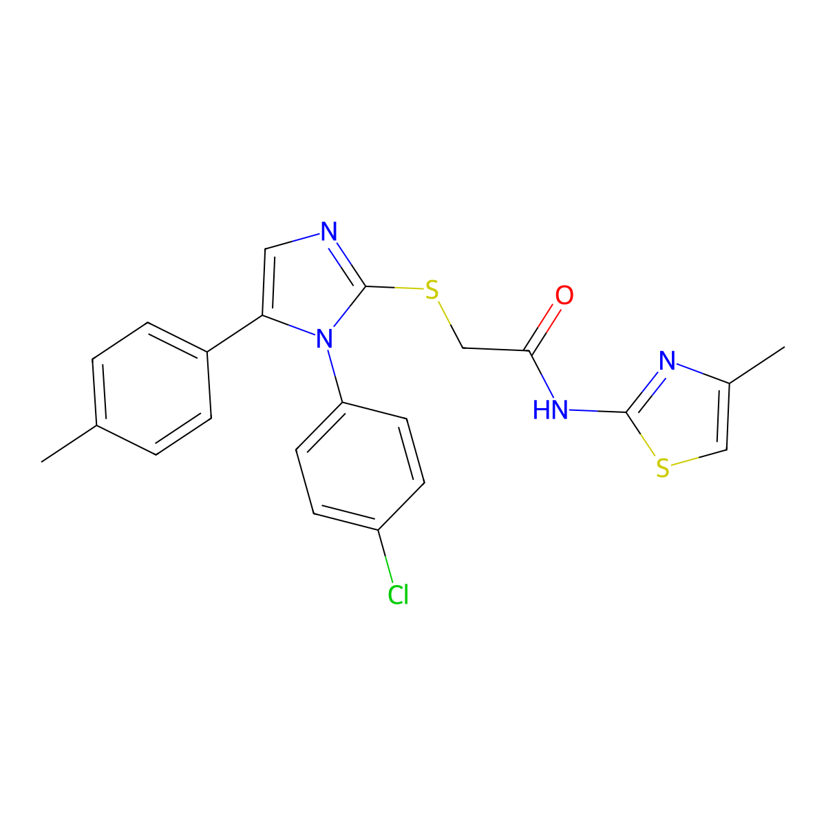2-((1-(4-chlorophenyl)-5-(p-tolyl)-1H-imidazol-2-yl)thio)-N-(4-methylthiazol-2-yl)acetamide molecular structure, CAS 1226431-93-1