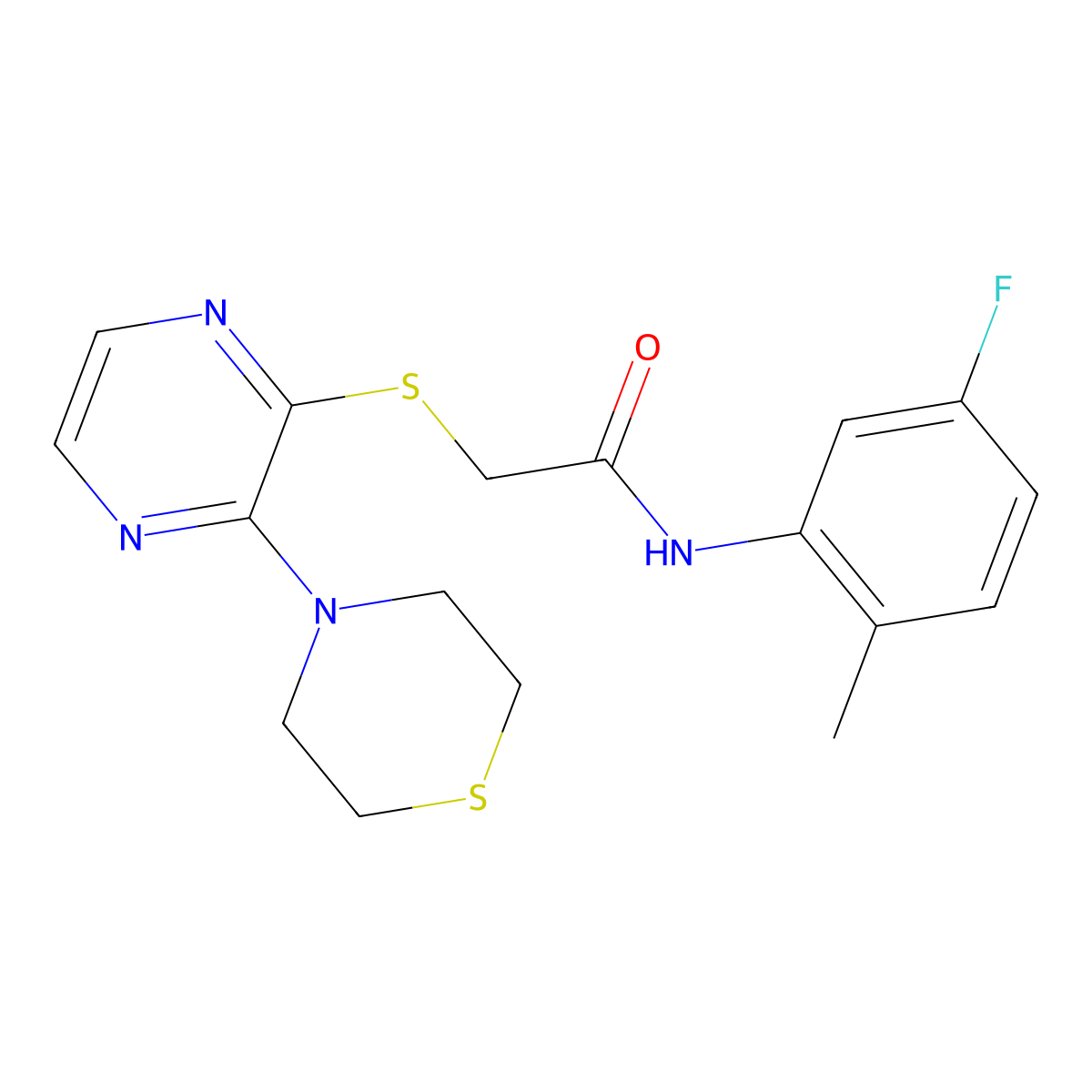 N-(5-fluoro-2-methylphenyl)-2-((3-thiomorpholinopyrazin-2-yl)thio)acetamide molecular structure, CAS 1226431-94-2