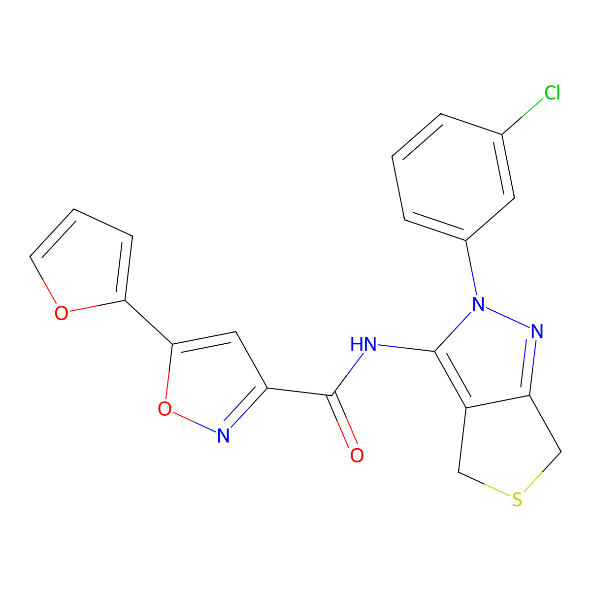 N-(2-(3-chlorophenyl)-4,6-dihydro-2H-thieno[3,4-c]pyrazol-3-yl)-5-(furan-2-yl)isoxazole-3-carboxamide molecular structure, CAS 1226431-99-7