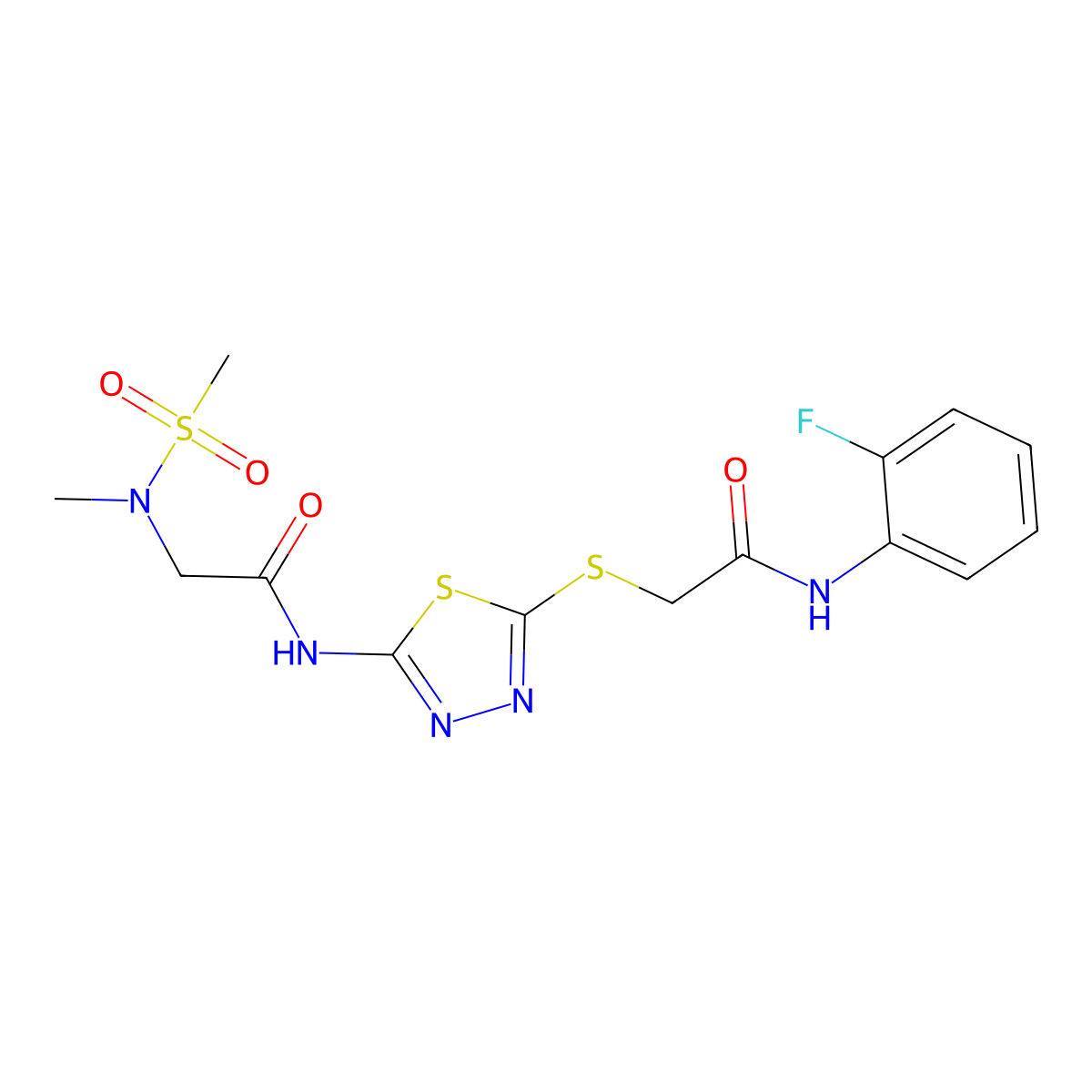 N-[5-({[(2-fluorophenyl)carbamoyl]methyl}sulfanyl)-1,3,4-thiadiazol-2-yl]-2-(N-methylmethanesulfonamido)acetamide molecular structure, CAS 1226432-11-6
