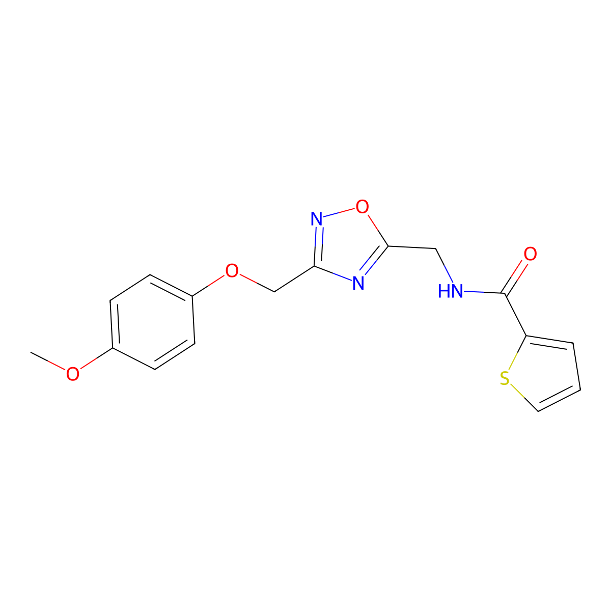 N-((3-((4-methoxyphenoxy)methyl)-1,2,4-oxadiazol-5-yl)methyl)thiophene-2-carboxamide molecular structure, CAS 1226432-12-7