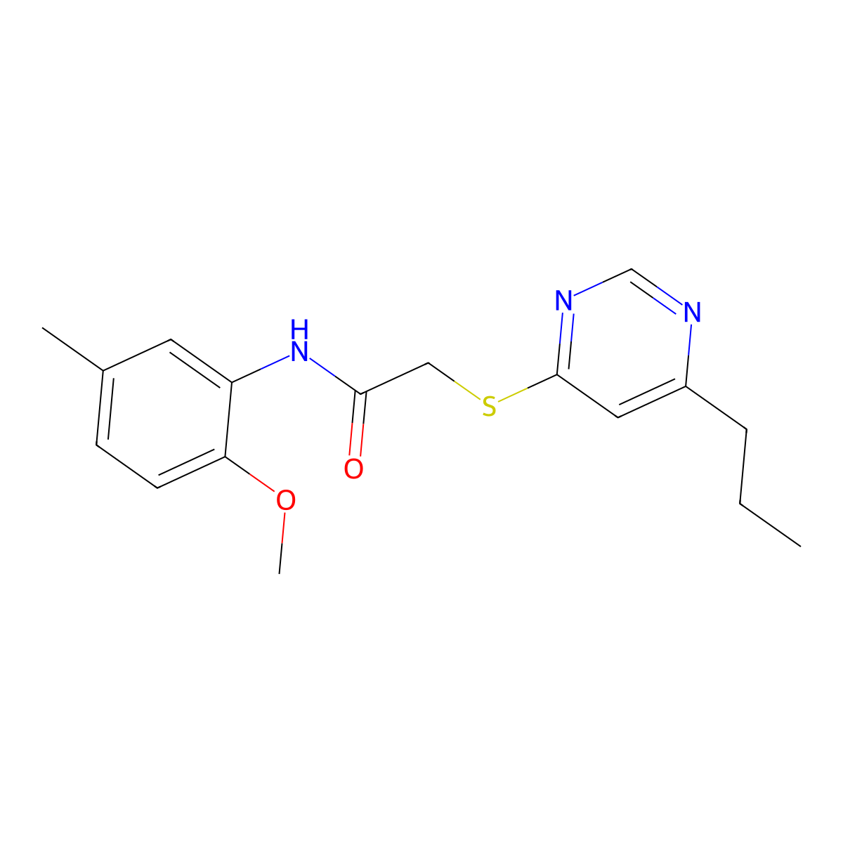 N-(2-methoxy-5-methylphenyl)-2-((6-propylpyrimidin-4-yl)thio)acetamide molecular structure, CAS 1226432-14-9
