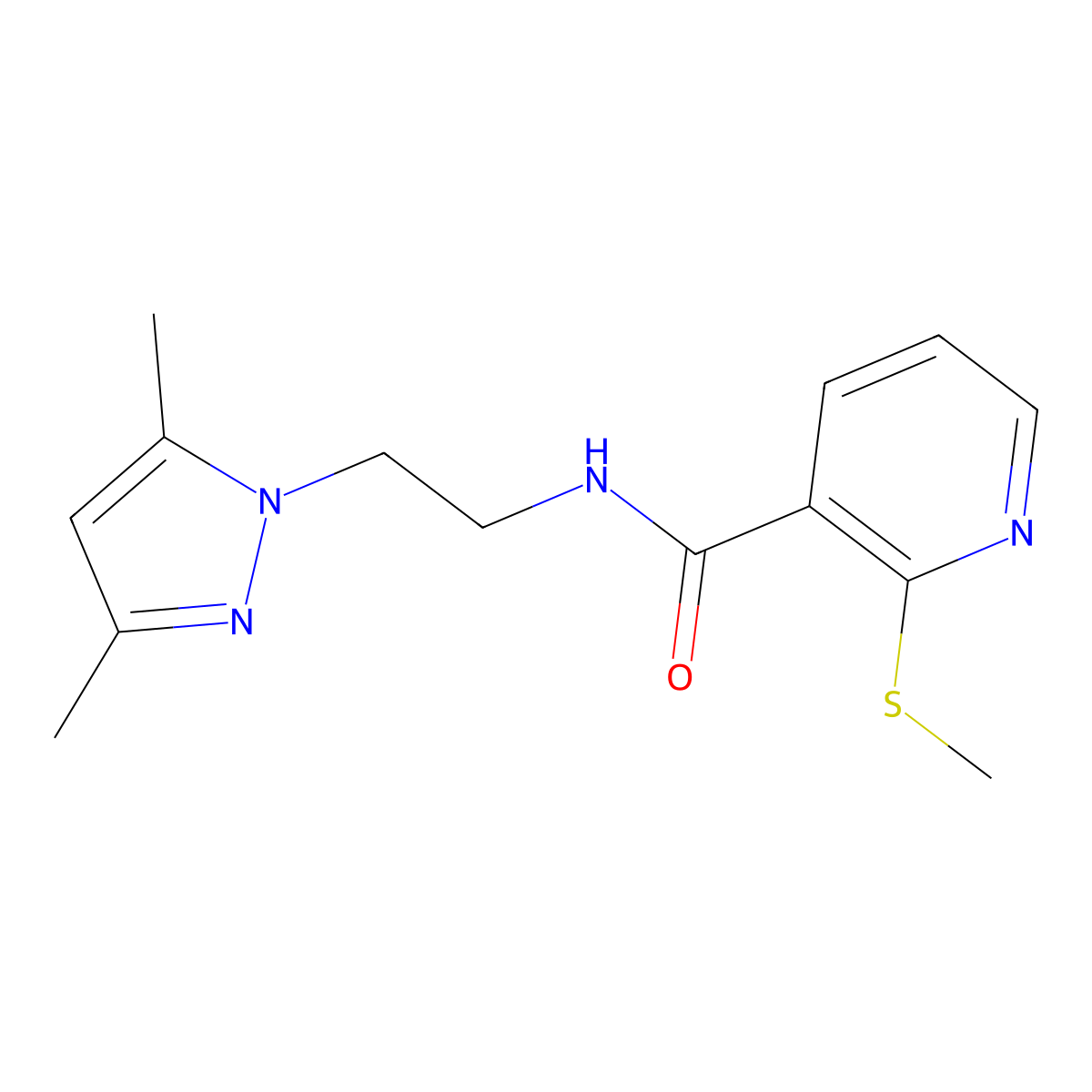 N-(2-(3,5-dimethyl-1H-pyrazol-1-yl)ethyl)-2-(methylthio)nicotinamide molecular structure, CAS 1226432-26-3