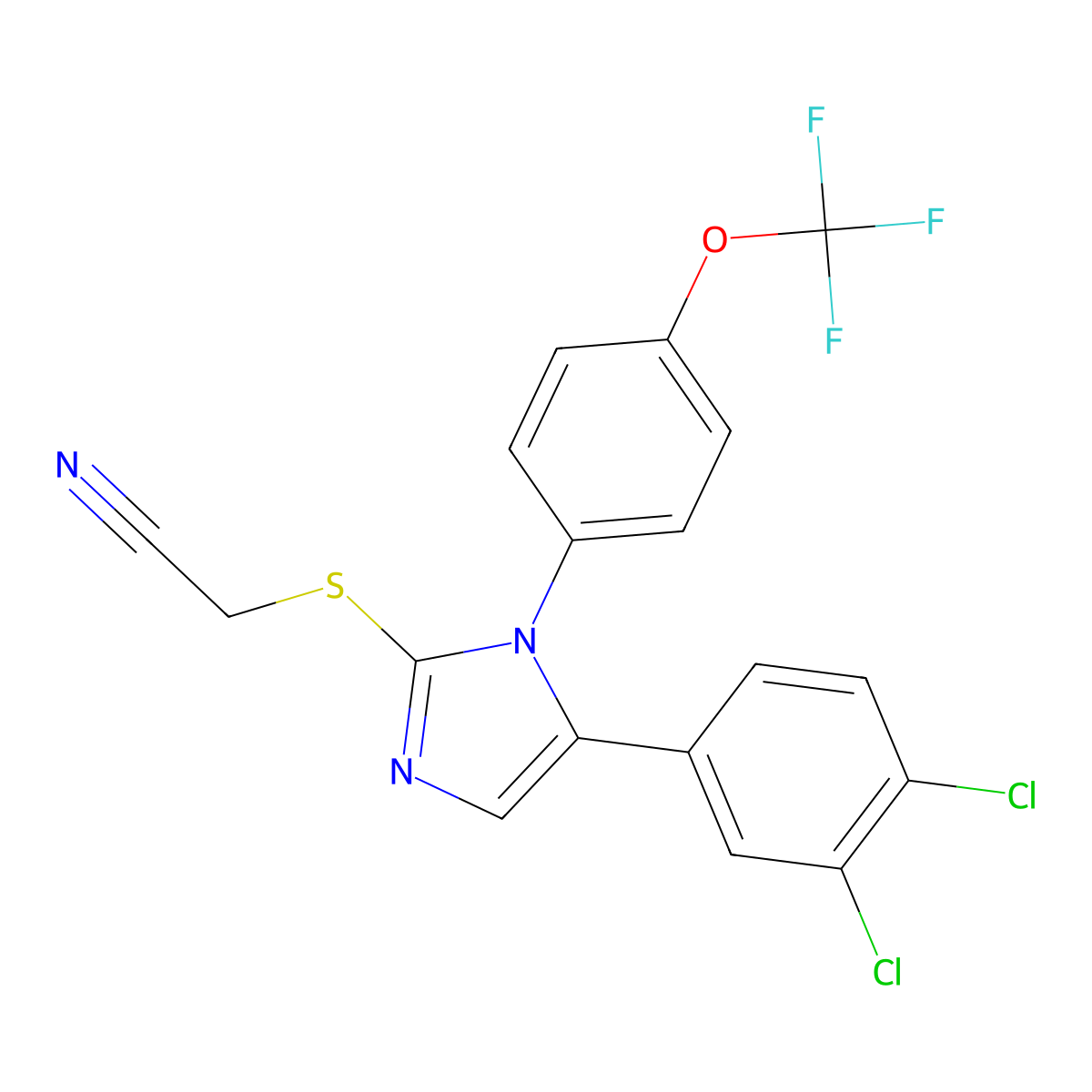 2-((5-(3,4-dichlorophenyl)-1-(4-(trifluoromethoxy)phenyl)-1H-imidazol-2-yl)thio)acetonitrile molecular structure, CAS 1226432-30-9