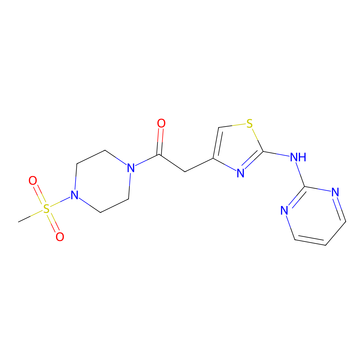 1-(4-(Methylsulfonyl)piperazin-1-yl)-2-(2-(pyrimidin-2-ylamino)thiazol-4-yl)ethanone molecular structure, CAS 1226432-36-5