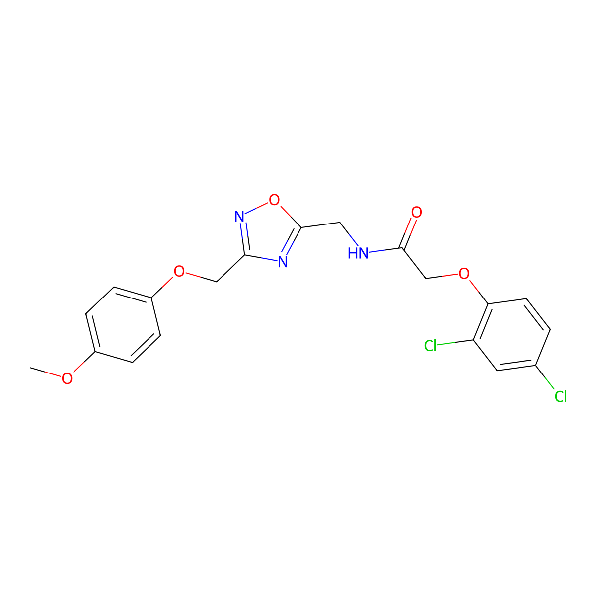 2-(2,4-dichlorophenoxy)-N-({3-[(4-methoxyphenoxy)methyl]-1,2,4-oxadiazol-5-yl}methyl)acetamide molecular structure, CAS 1226432-37-6