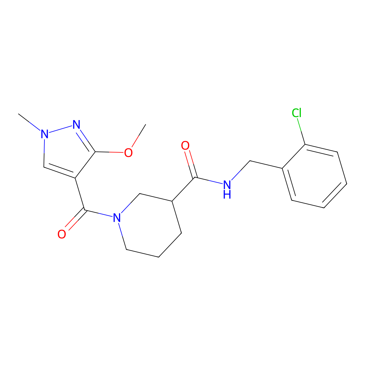 N-(2-chlorobenzyl)-1-(3-methoxy-1-methyl-1H-pyrazole-4-carbonyl)piperidine-3-carboxamide molecular structure, CAS 1226432-38-7