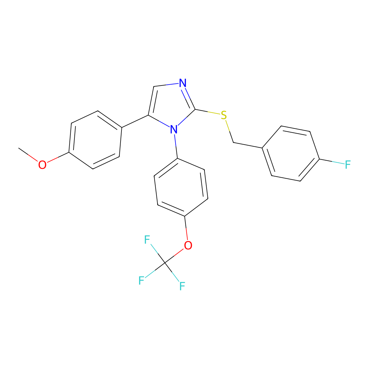 2-((4-fluorobenzyl)thio)-5-(4-methoxyphenyl)-1-(4-(trifluoromethoxy)phenyl)-1H-imidazole molecular structure, CAS 1226432-45-6