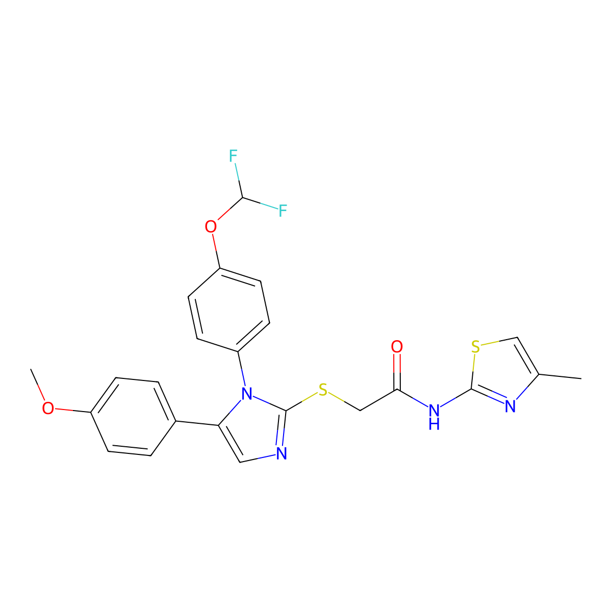 2-((1-(4-(difluoromethoxy)phenyl)-5-(4-methoxyphenyl)-1H-imidazol-2-yl)thio)-N-(4-methylthiazol-2-yl)acetamide molecular structure, CAS 1226432-46-7