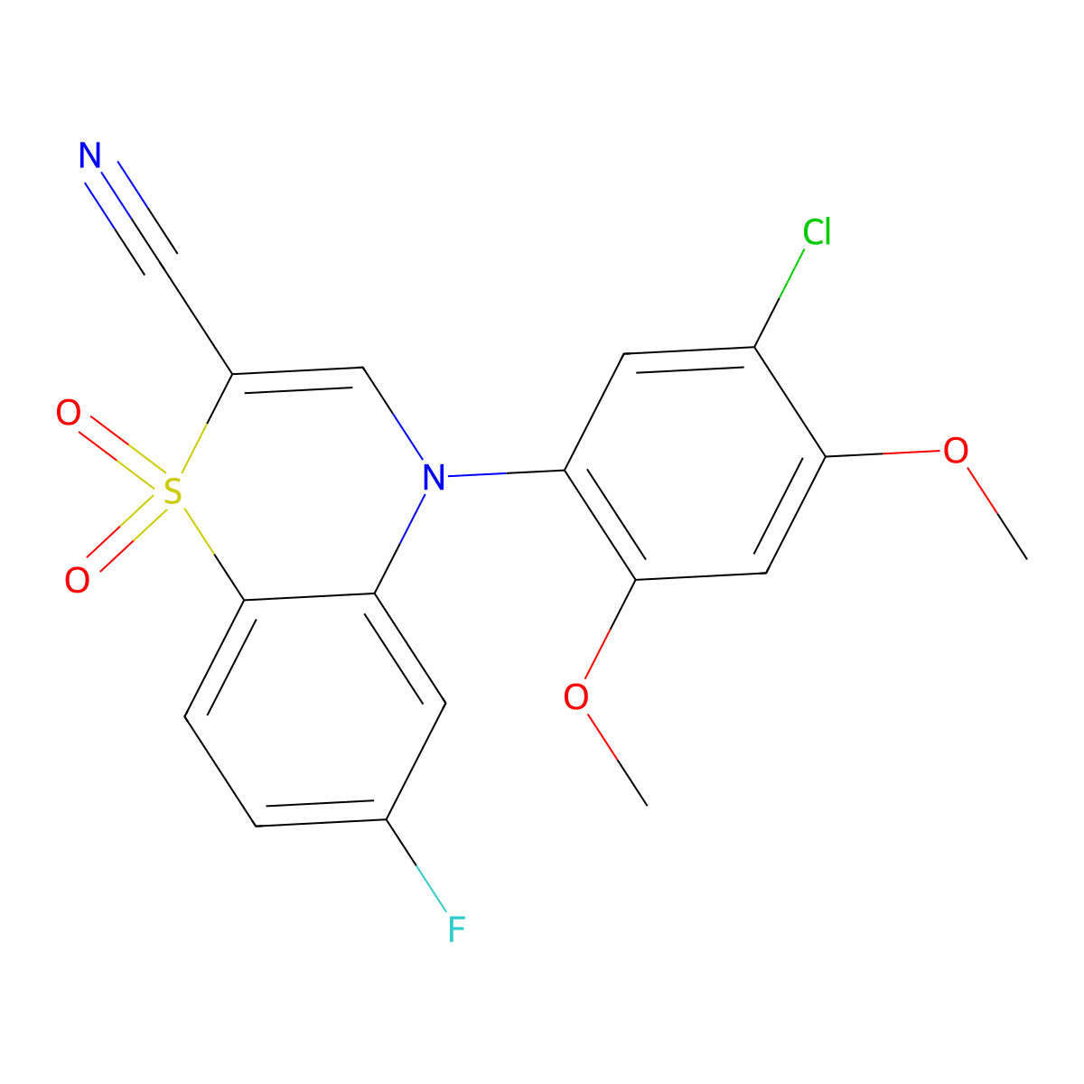 4-(5-chloro-2,4-dimethoxyphenyl)-6-fluoro-4H-1,4-benzothiazine-2-carbonitrile 1,1-dioxide molecular structure, CAS 1226432-61-6