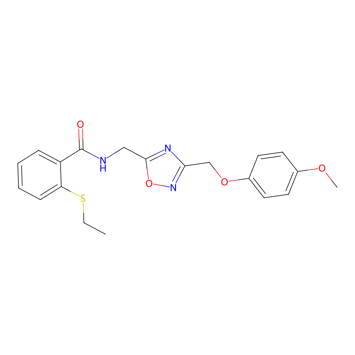 2-(ethylthio)-N-((3-((4-methoxyphenoxy)methyl)-1,2,4-oxadiazol-5-yl)methyl)benzamide molecular structure, CAS 1226432-63-8