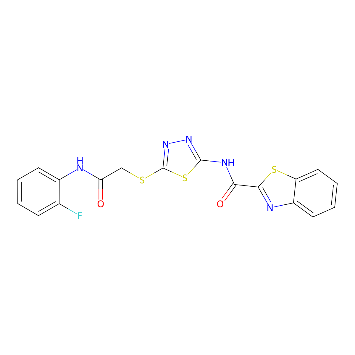 N-(5-((2-((2-fluorophenyl)amino)-2-oxoethyl)thio)-1,3,4-thiadiazol-2-yl)benzo[d]thiazole-2-carboxamide molecular structure, CAS 1226432-65-0