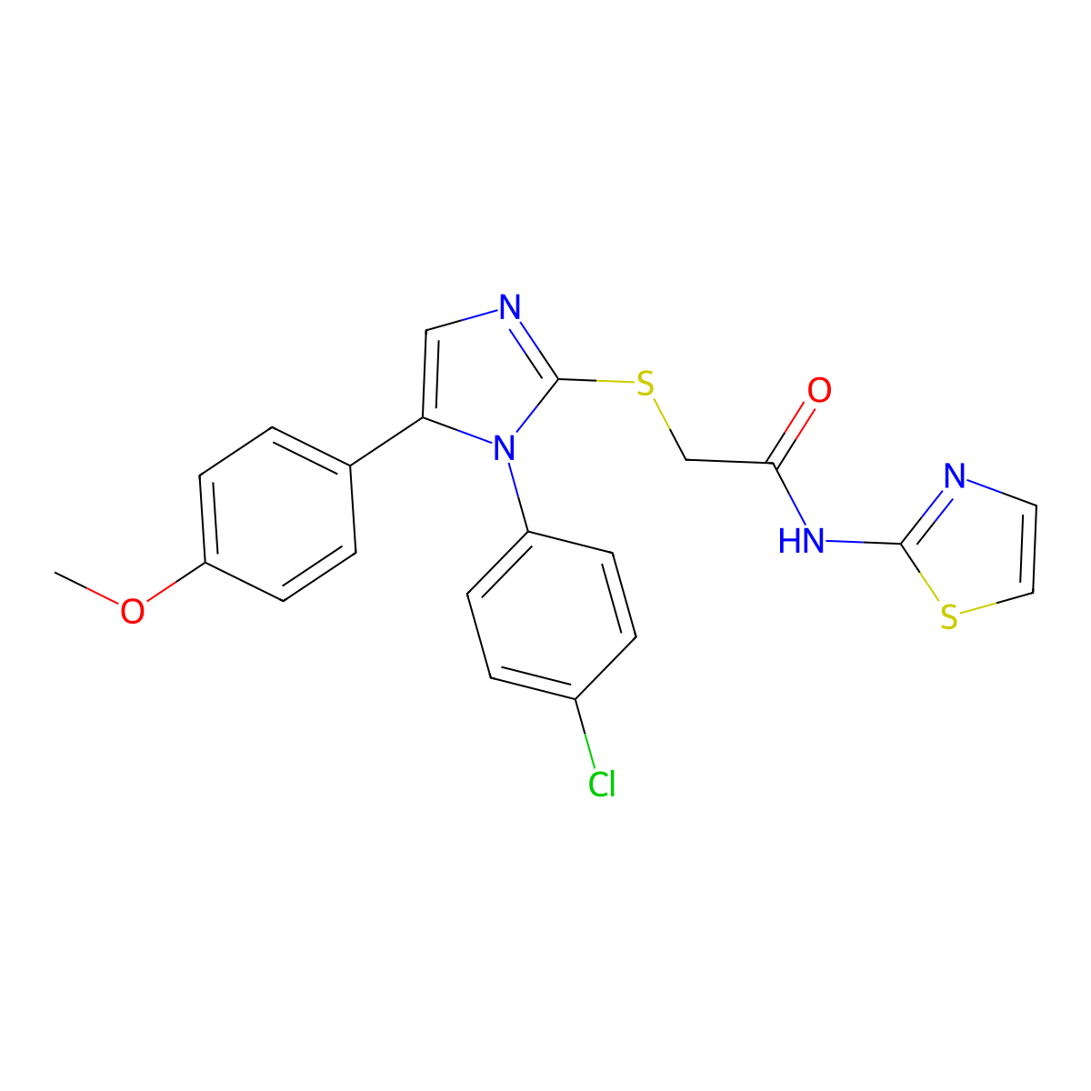 2-((1-(4-chlorophenyl)-5-(4-methoxyphenyl)-1H-imidazol-2-yl)thio)-N-(thiazol-2-yl)acetamide molecular structure, CAS 1226432-80-9