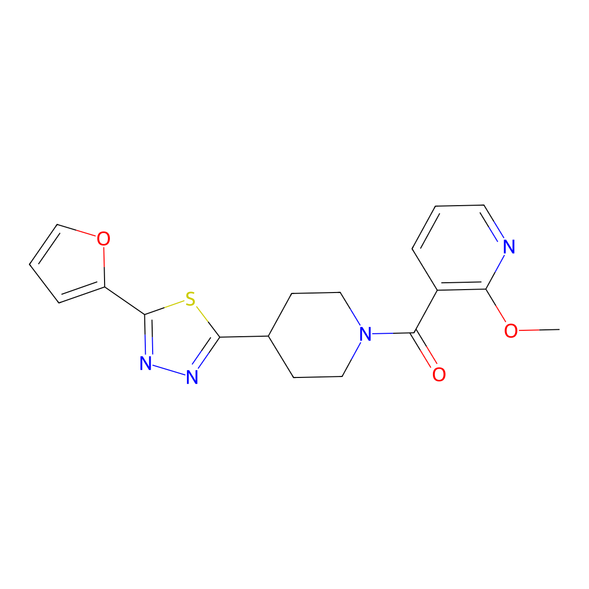 (4-(5-(Furan-2-yl)-1,3,4-thiadiazol-2-yl)piperidin-1-yl)(2-methoxypyridin-3-yl)methanone molecular structure, CAS 1226432-92-3