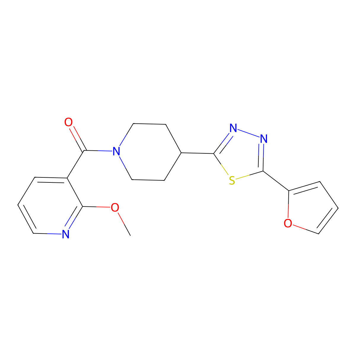 (4-(5-(Furan-2-yl)-1,3,4-thiadiazol-2-yl)piperidin-1-yl)(2-methoxypyridin-3-yl)methanone molecular structure, CAS 1226432-92-3