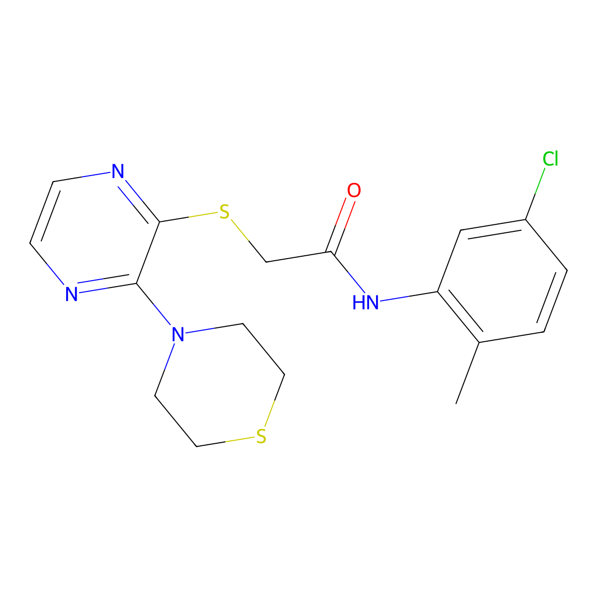 N-(5-chloro-2-methylphenyl)-2-((3-thiomorpholinopyrazin-2-yl)thio)acetamide molecular structure, CAS 1226432-96-7