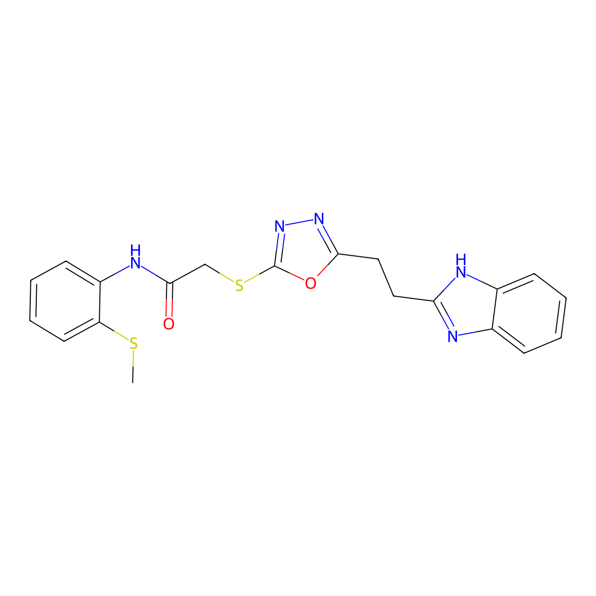 2-((5-(2-(1H-benzo[d]imidazol-2-yl)ethyl)-1,3,4-oxadiazol-2-yl)thio)-N-(2-(methylthio)phenyl)acetamide molecular structure, CAS 1226432-99-0