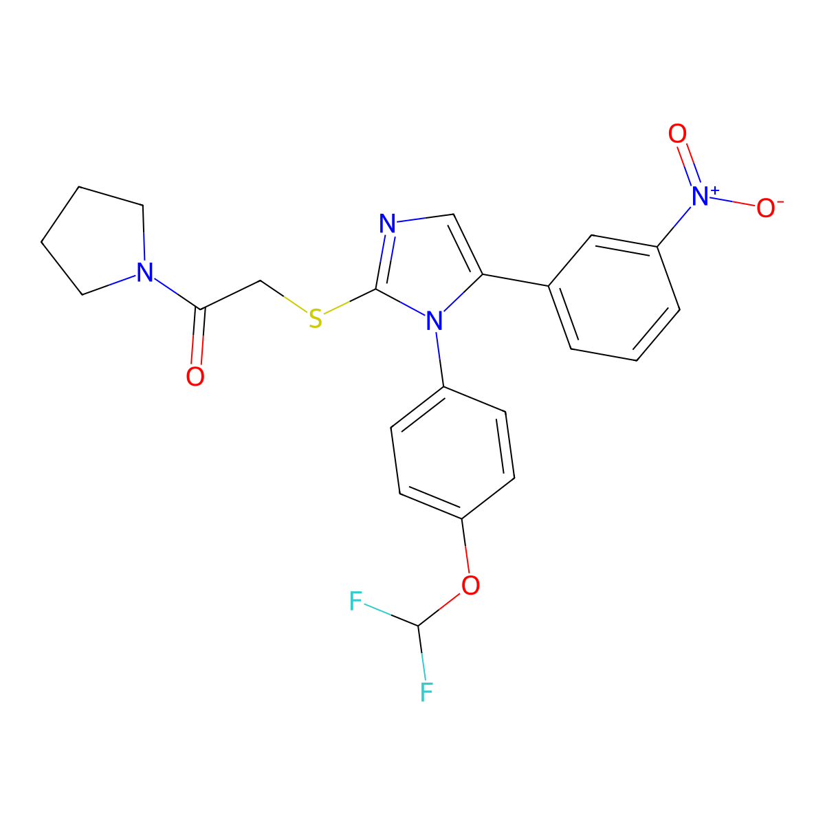 2-((1-(4-(difluoromethoxy)phenyl)-5-(3-nitrophenyl)-1H-imidazol-2-yl)thio)-1-(pyrrolidin-1-yl)ethanone molecular structure, CAS 1226433-04-0