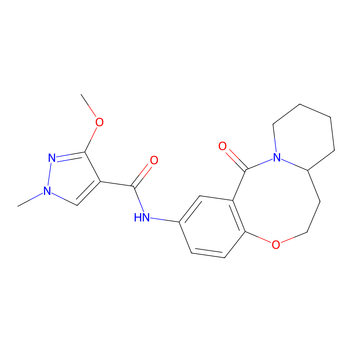 3-methoxy-1-methyl-N-{2-oxo-9-oxa-1-azatricyclo[10.4.0.0^{3,8}]hexadeca-3,5,7-trien-5-yl}-1H-pyrazole-4-carboxamide molecular structure, CAS 1226433-06-2