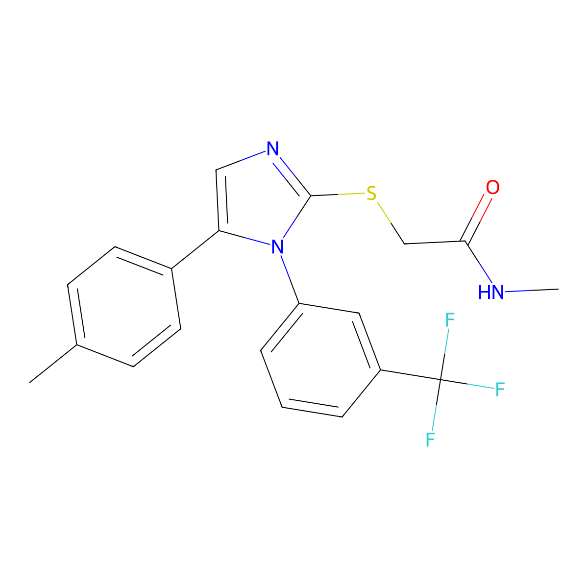 N-methyl-2-((5-(p-tolyl)-1-(3-(trifluoromethyl)phenyl)-1H-imidazol-2-yl)thio)acetamide molecular structure, CAS 1226433-27-7