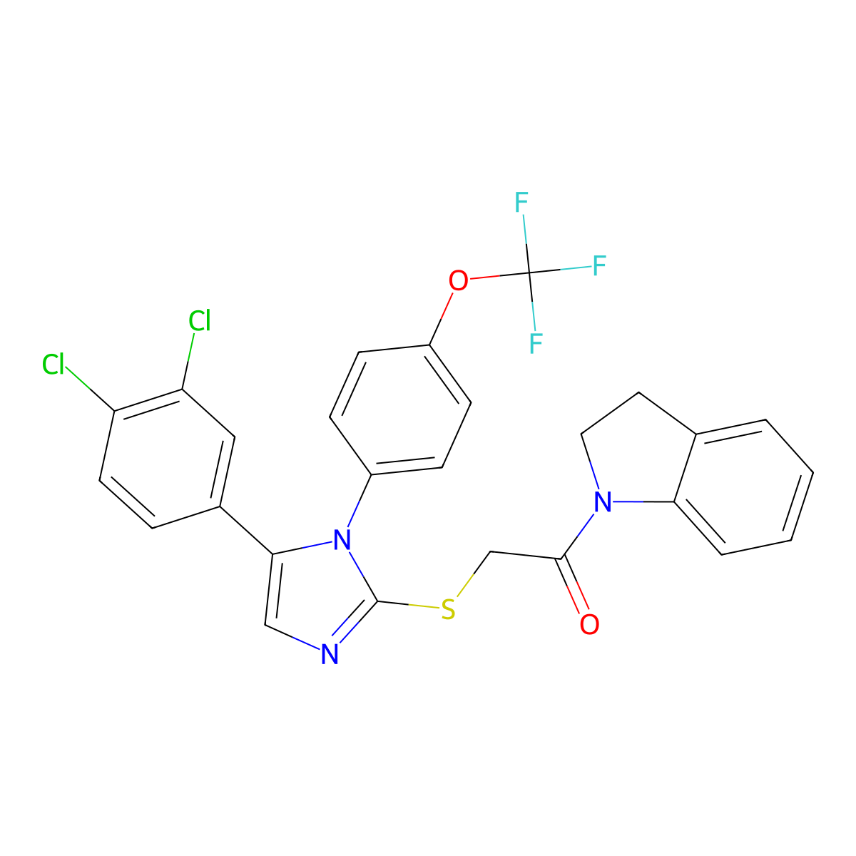 2-((5-(3,4-dichlorophenyl)-1-(4-(trifluoromethoxy)phenyl)-1H-imidazol-2-yl)thio)-1-(indolin-1-yl)ethanone molecular structure, CAS 1226433-38-0