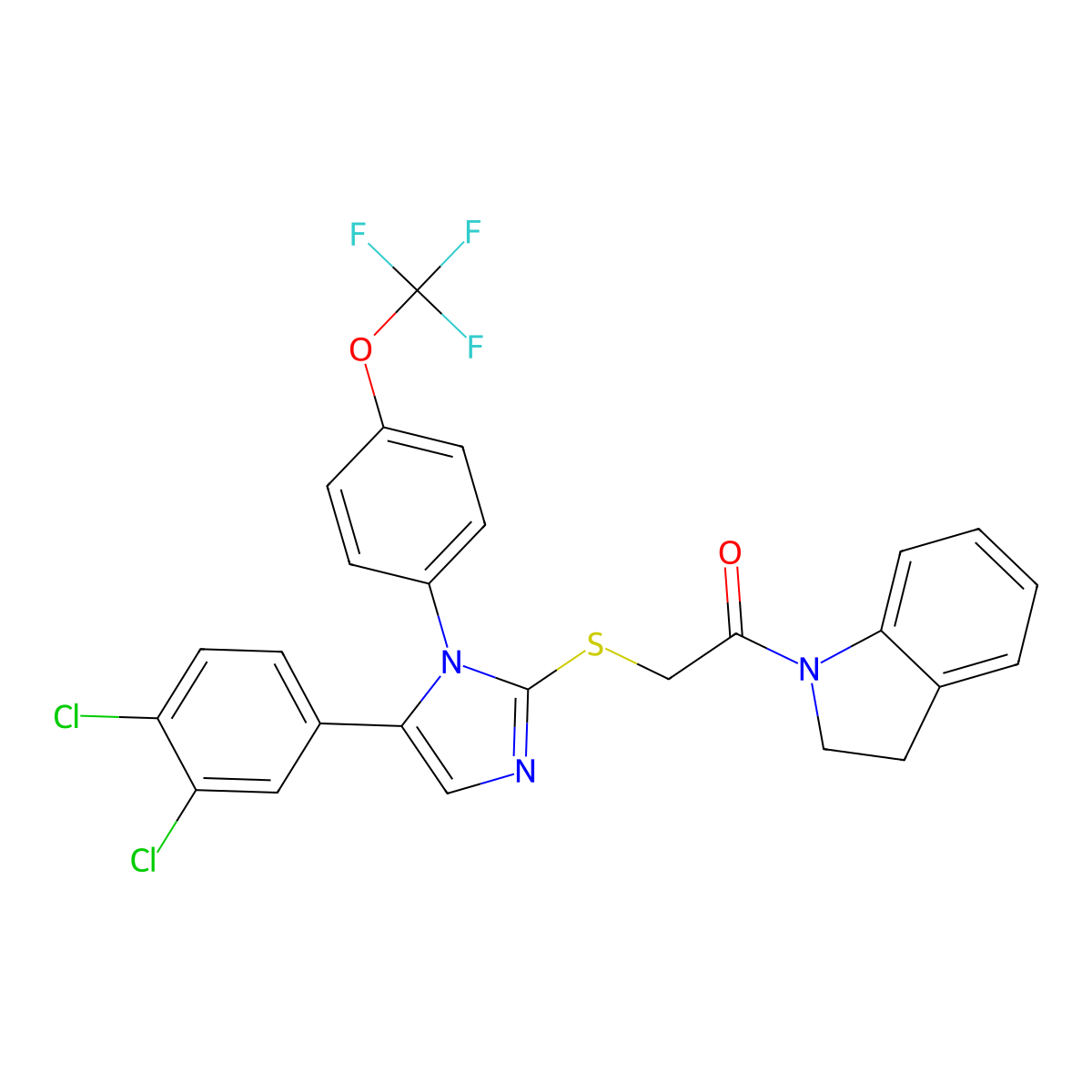 2-((5-(3,4-dichlorophenyl)-1-(4-(trifluoromethoxy)phenyl)-1H-imidazol-2-yl)thio)-1-(indolin-1-yl)ethanone molecular structure, CAS 1226433-38-0