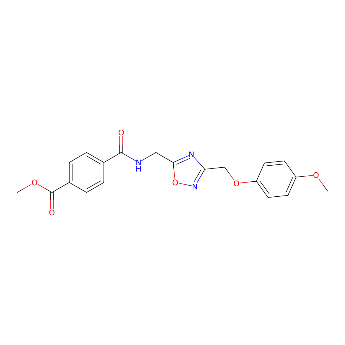 Methyl 4-(((3-((4-methoxyphenoxy)methyl)-1,2,4-oxadiazol-5-yl)methyl)carbamoyl)benzoate molecular structure, CAS 1226433-41-5