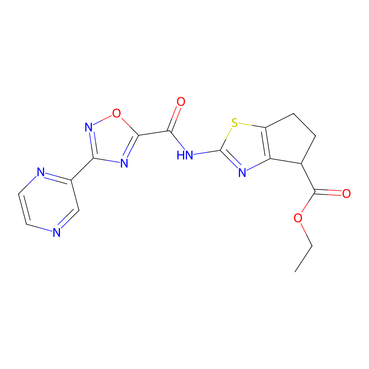 ethyl 2-(3-(pyrazin-2-yl)-1,2,4-oxadiazole-5-carboxamido)-5,6-dihydro-4H-cyclopenta[d]thiazole-4-carboxylate molecular structure, CAS 1226433-45-9