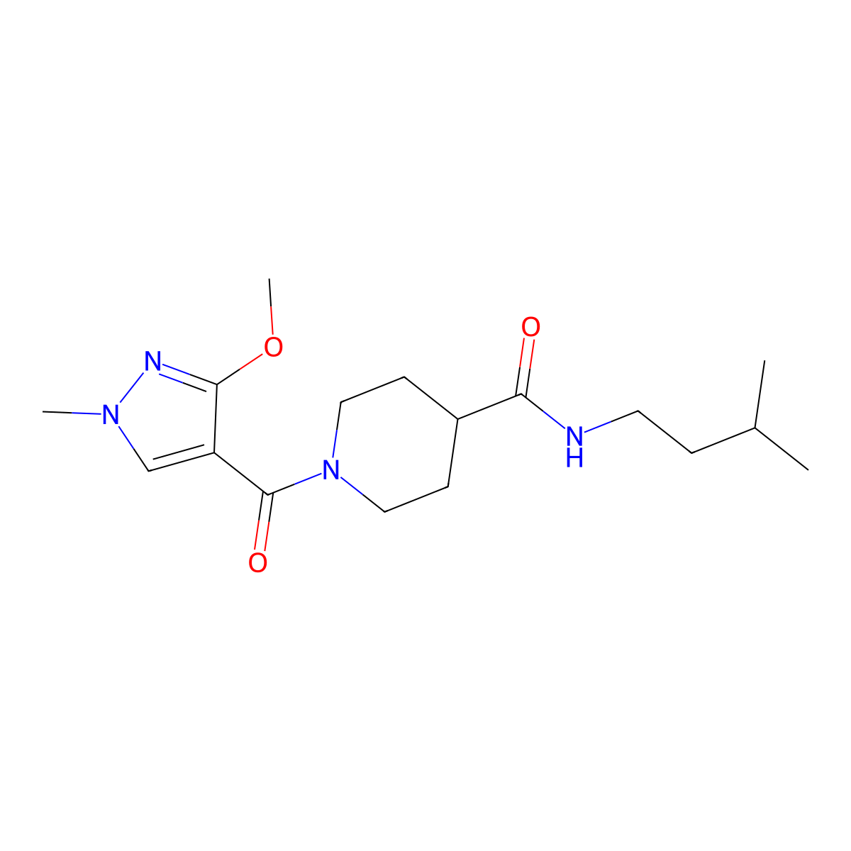 1-(3-methoxy-1-methyl-1H-pyrazole-4-carbonyl)-N-(3-methylbutyl)piperidine-4-carboxamide molecular structure, CAS 1226433-60-8