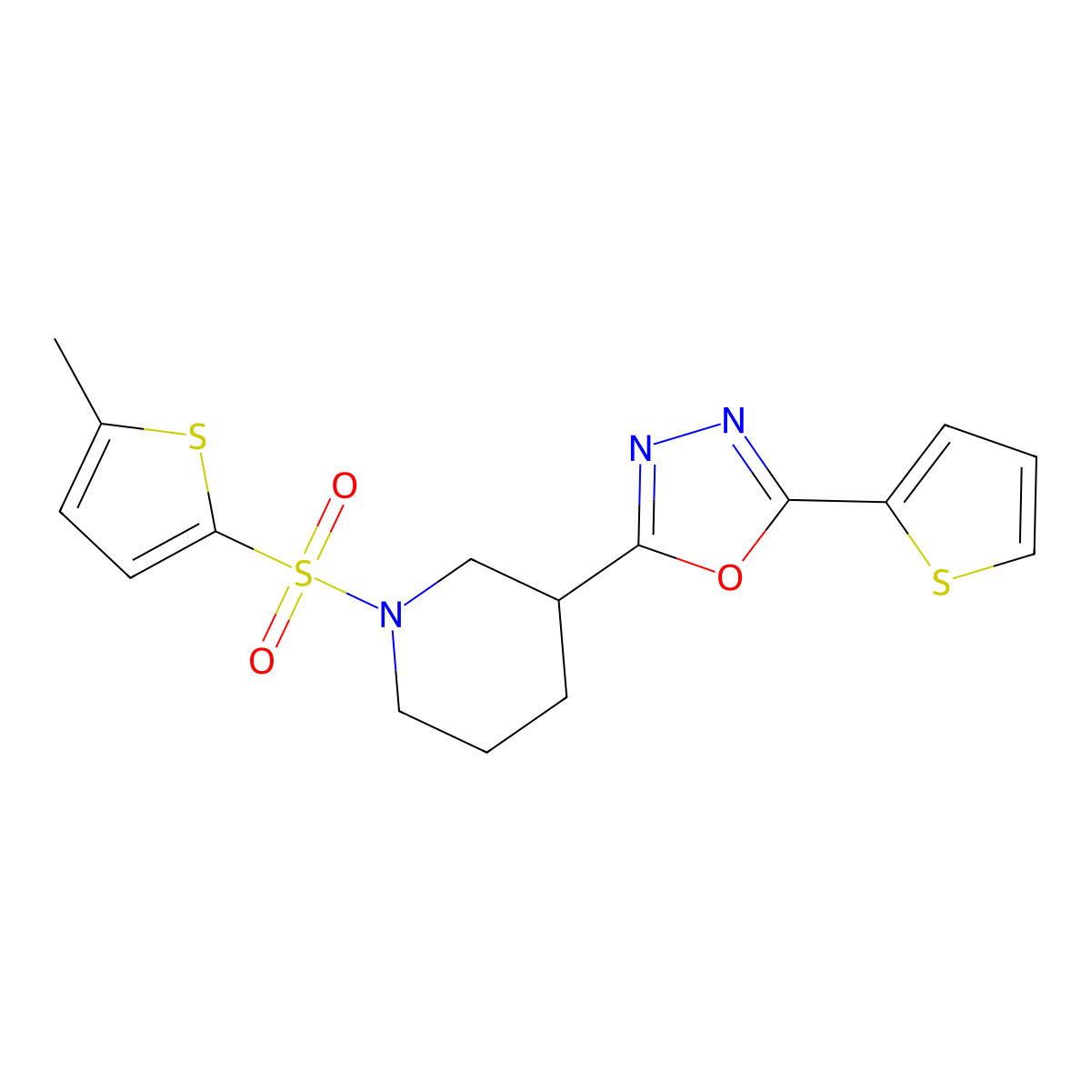 2-(1-((5-Methylthiophen-2-yl)sulfonyl)piperidin-3-yl)-5-(thiophen-2-yl)-1,3,4-oxadiazole molecular structure, CAS 1226433-63-1