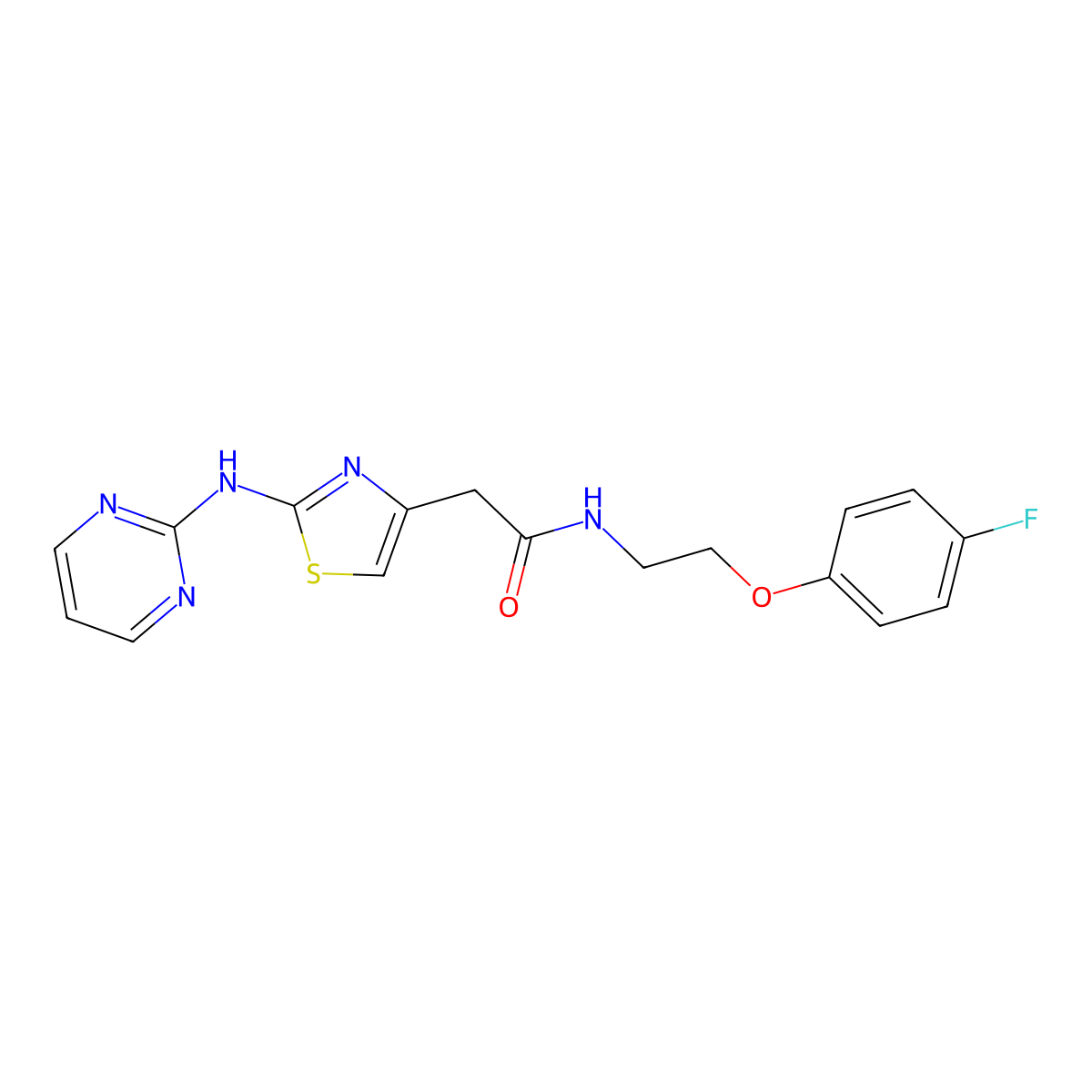 N-(2-(4-fluorophenoxy)ethyl)-2-(2-(pyrimidin-2-ylamino)thiazol-4-yl)acetamide molecular structure, CAS 1226433-66-4