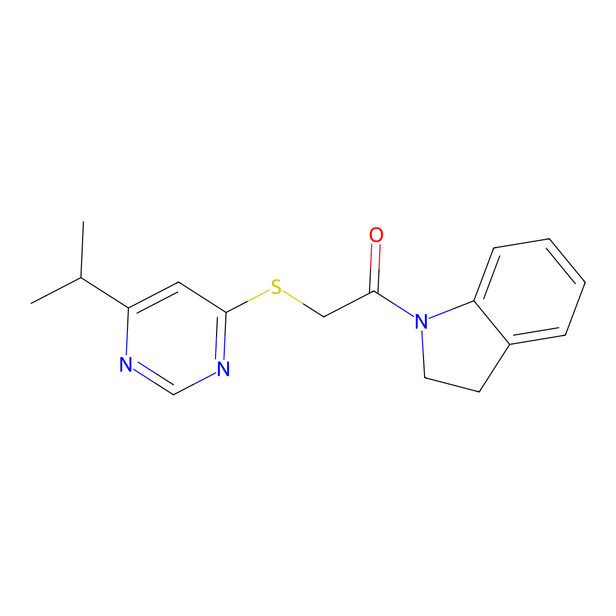 1-(Indolin-1-yl)-2-((6-isopropylpyrimidin-4-yl)thio)ethanone molecular structure, CAS 1226433-68-6