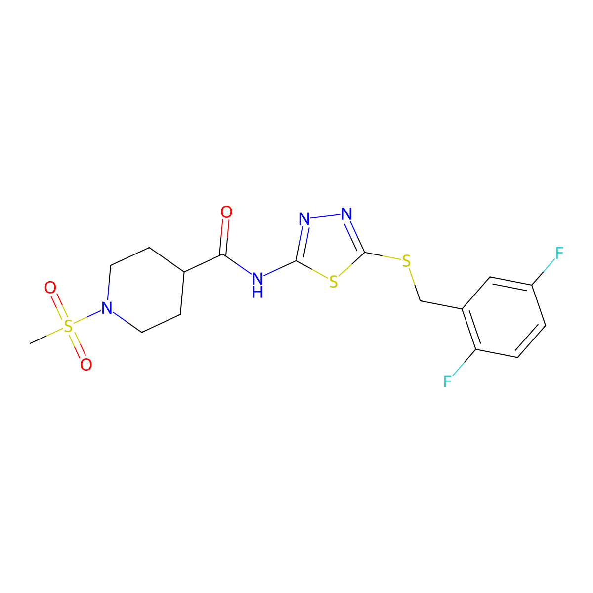 N-(5-((2,5-difluorobenzyl)thio)-1,3,4-thiadiazol-2-yl)-1-(methylsulfonyl)piperidine-4-carboxamide molecular structure, CAS 1226433-84-6