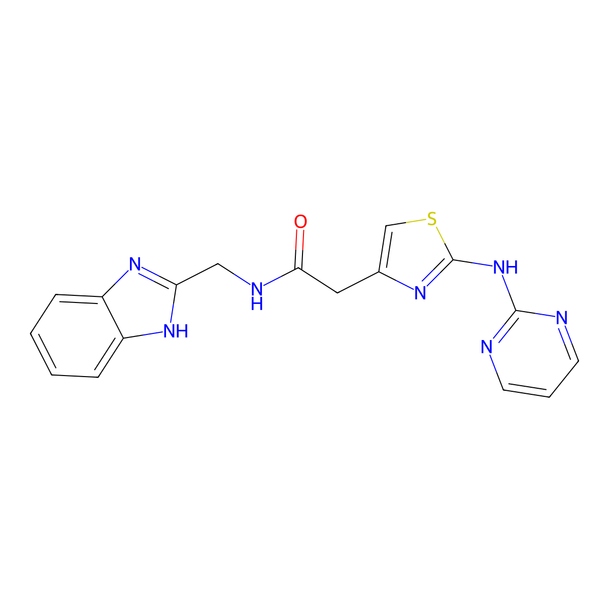 N-((1H-benzo[d]imidazol-2-yl)methyl)-2-(2-(pyrimidin-2-ylamino)thiazol-4-yl)acetamide molecular structure, CAS 1226433-96-0