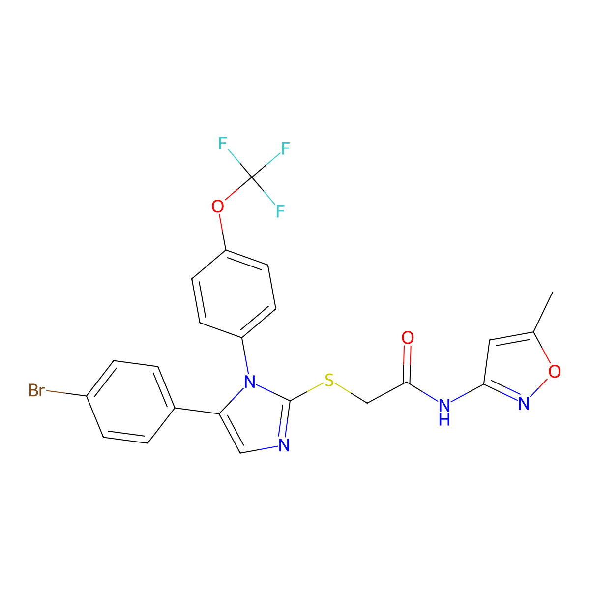 2-((5-(4-bromophenyl)-1-(4-(trifluoromethoxy)phenyl)-1H-imidazol-2-yl)thio)-N-(5-methylisoxazol-3-yl)acetamide molecular structure, CAS 1226434-05-4