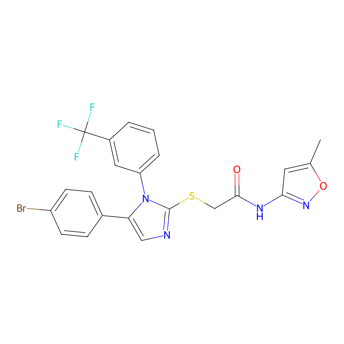 2-((5-(4-bromophenyl)-1-(3-(trifluoromethyl)phenyl)-1H-imidazol-2-yl)thio)-N-(5-methylisoxazol-3-yl)acetamide molecular structure, CAS 1226434-18-9