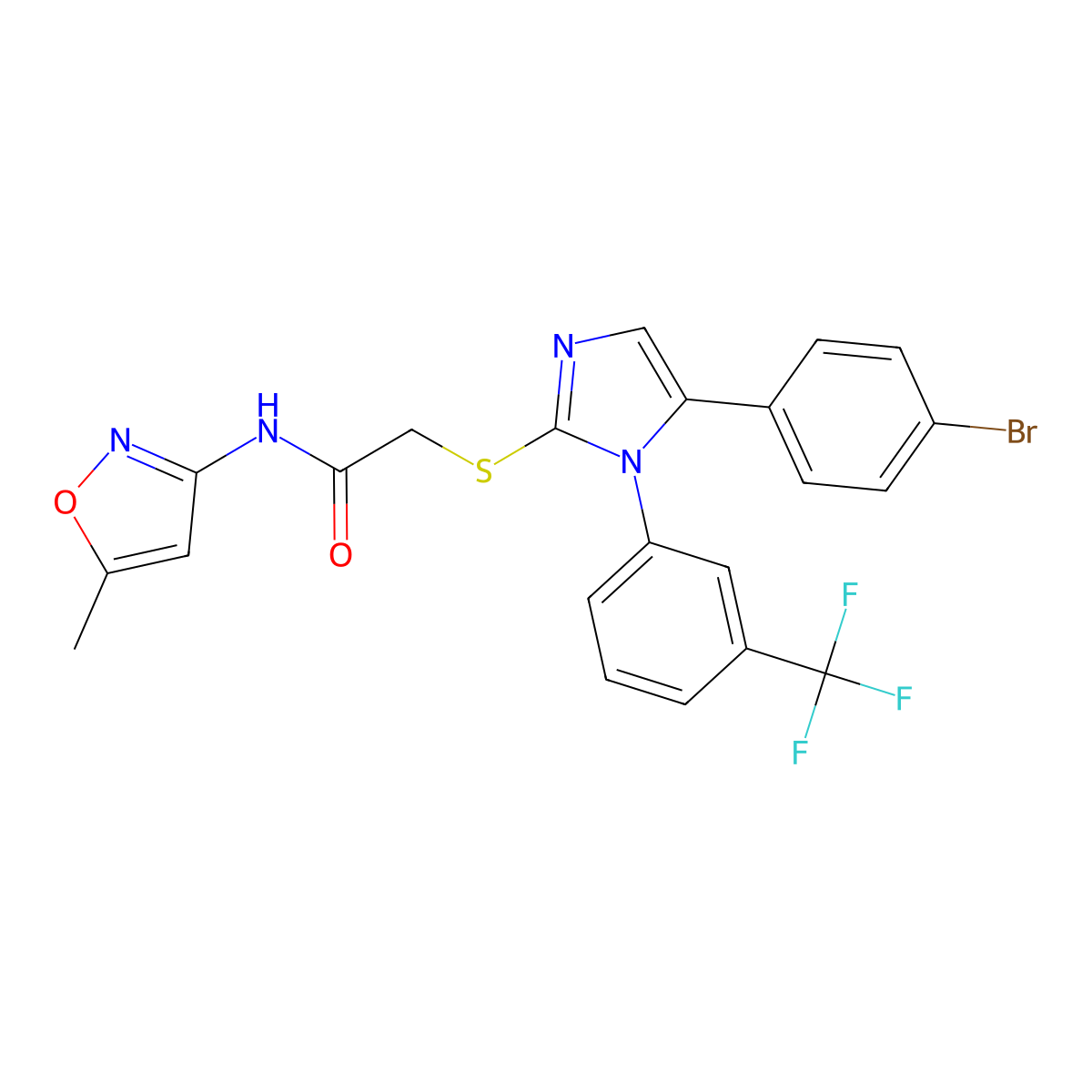 2-((5-(4-bromophenyl)-1-(3-(trifluoromethyl)phenyl)-1H-imidazol-2-yl)thio)-N-(5-methylisoxazol-3-yl)acetamide molecular structure, CAS 1226434-18-9