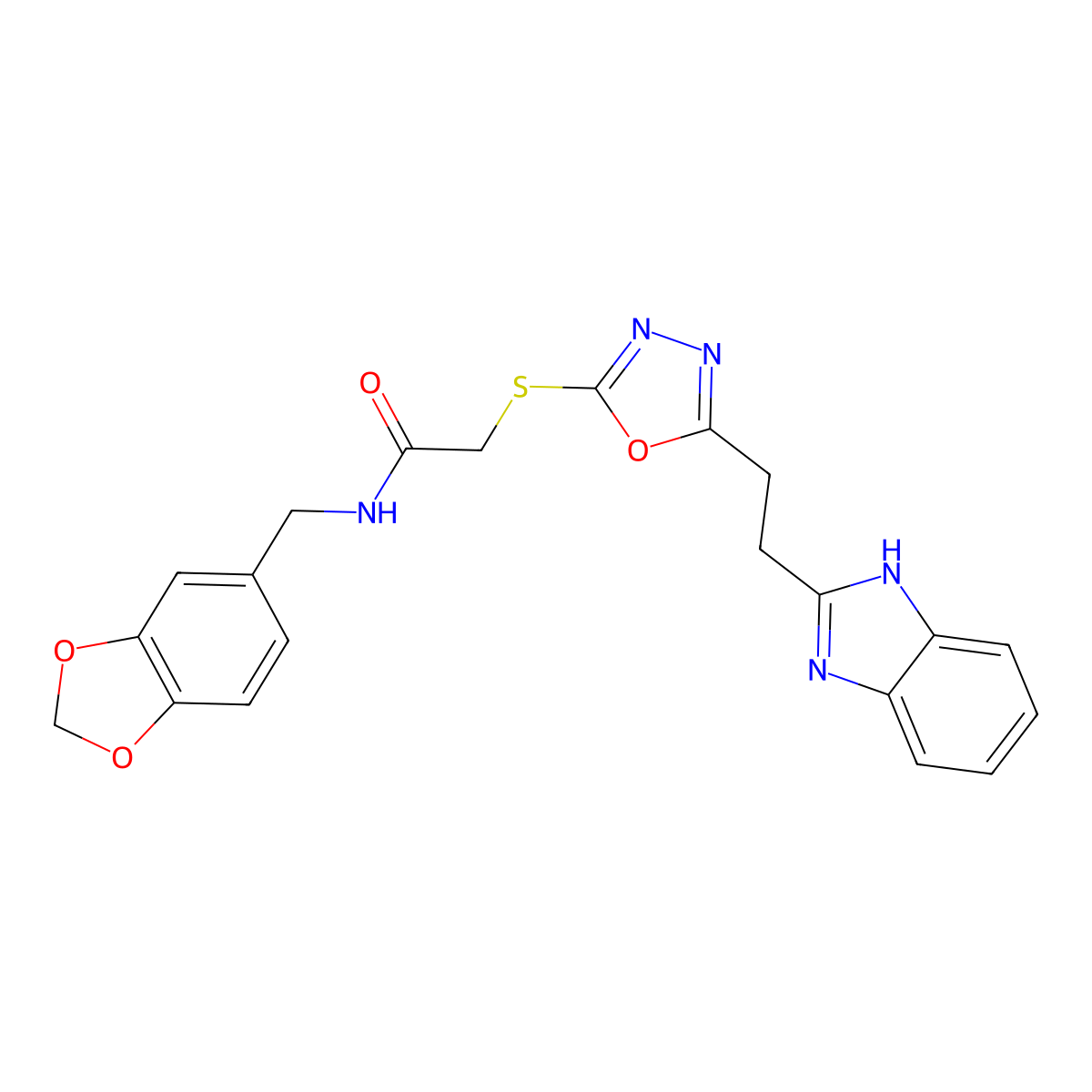 2-((5-(2-(1H-benzo[d]imidazol-2-yl)ethyl)-1,3,4-oxadiazol-2-yl)thio)-N-(benzo[d][1,3]dioxol-5-ylmethyl)acetamide molecular structure, CAS 1226434-19-0