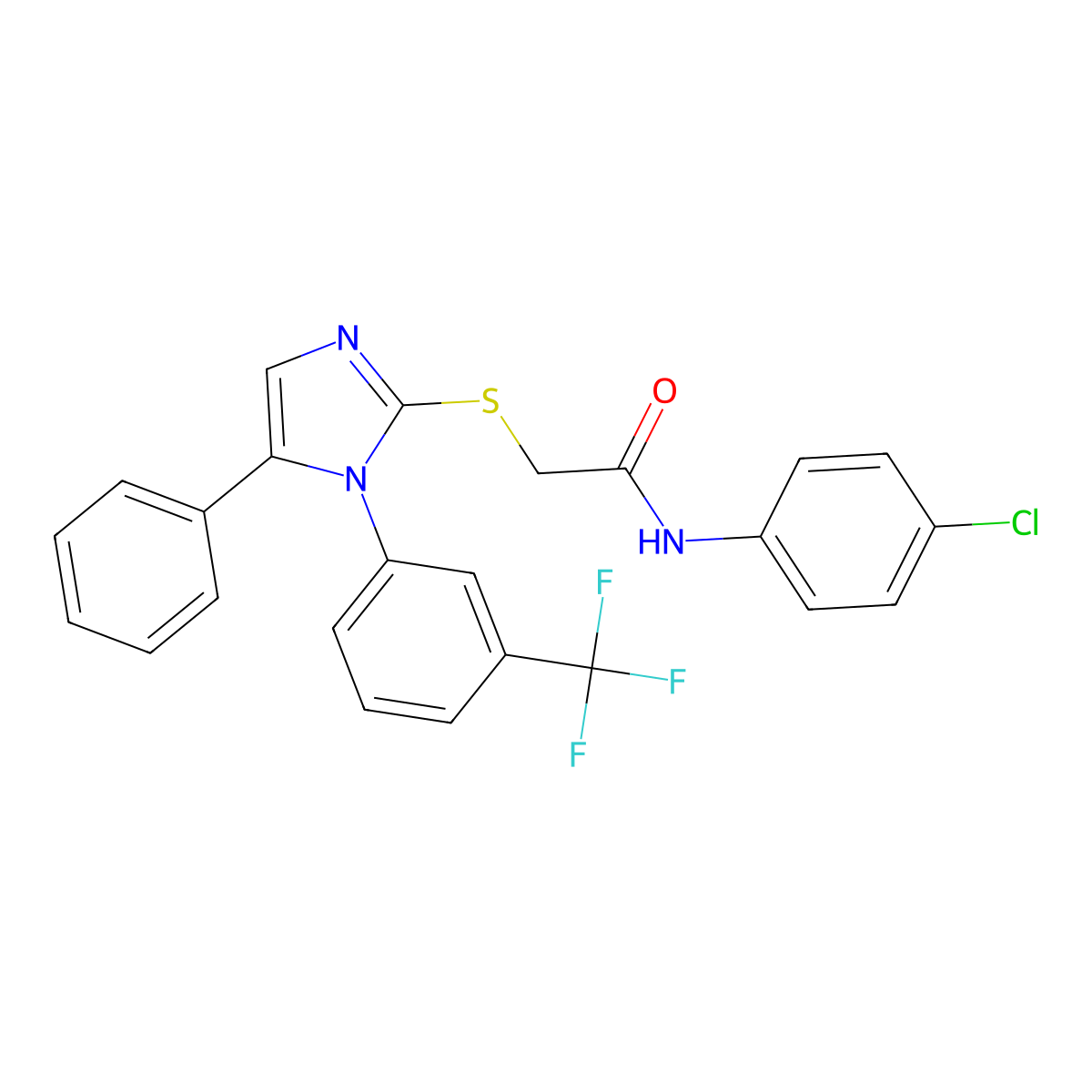 N-(4-chlorophenyl)-2-((5-phenyl-1-(3-(trifluoromethyl)phenyl)-1H-imidazol-2-yl)thio)acetamide molecular structure, CAS 1226434-20-3