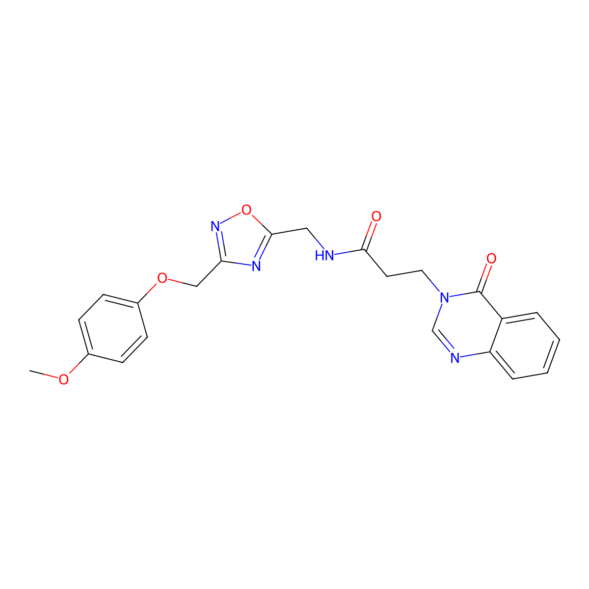 N-((3-((4-methoxyphenoxy)methyl)-1,2,4-oxadiazol-5-yl)methyl)-3-(4-oxoquinazolin-3(4H)-yl)propanamide molecular structure, CAS 1226434-23-6