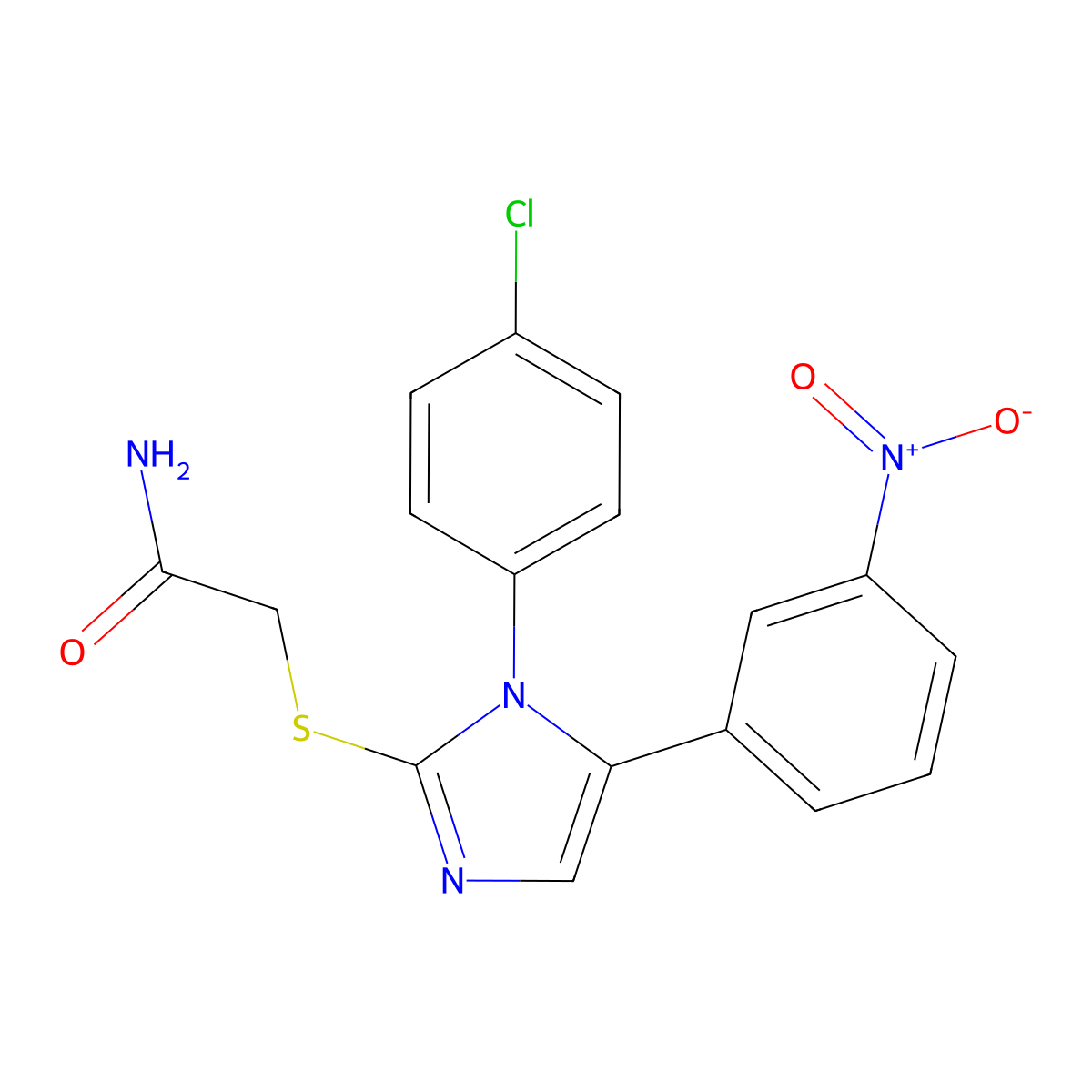 2-((1-(4-chlorophenyl)-5-(3-nitrophenyl)-1H-imidazol-2-yl)thio)acetamide molecular structure, CAS 1226434-33-8