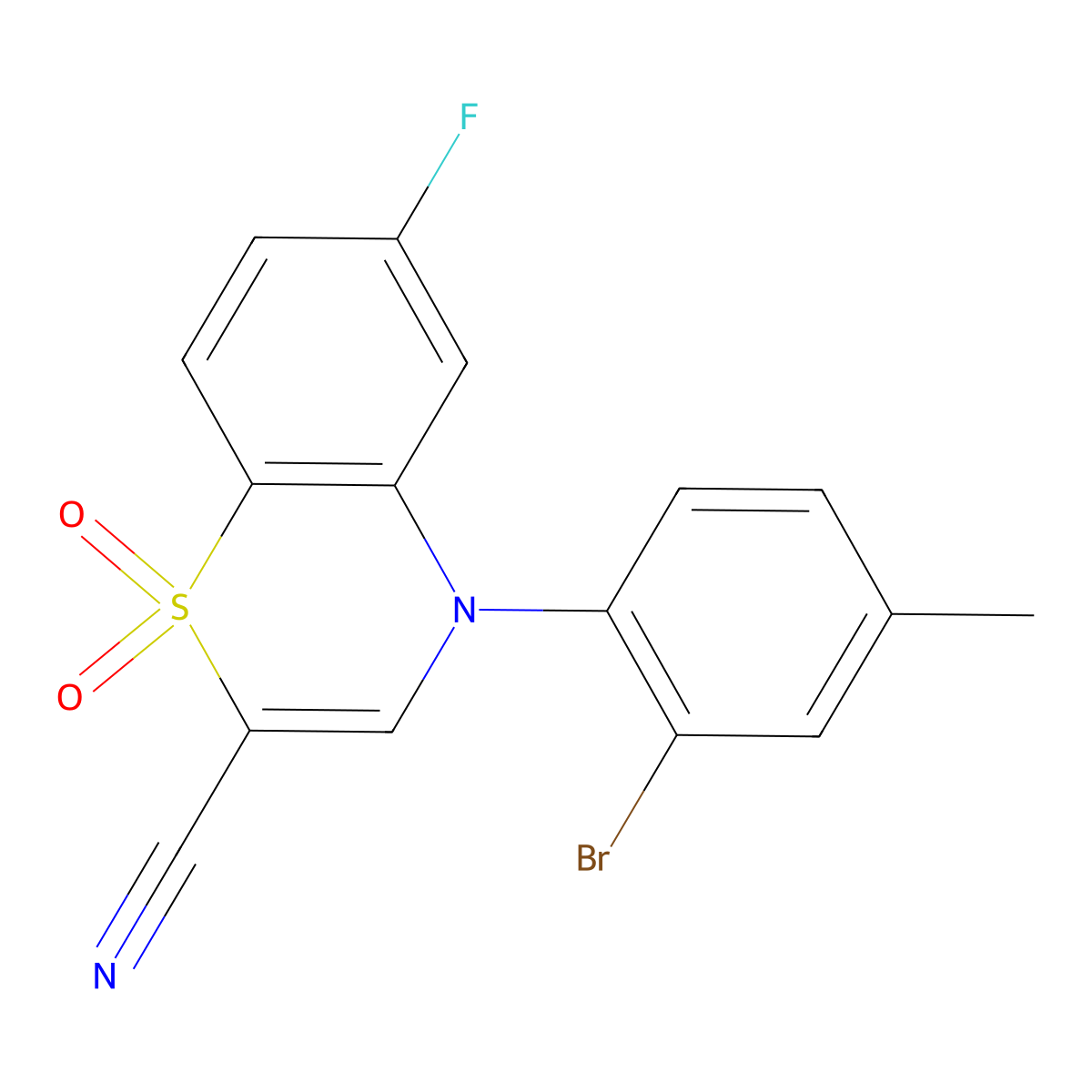 4-(2-bromo-4-methylphenyl)-6-fluoro-4H-benzo[b][1,4]thiazine-2-carbonitrile 1,1-dioxide molecular structure, CAS 1226434-38-3