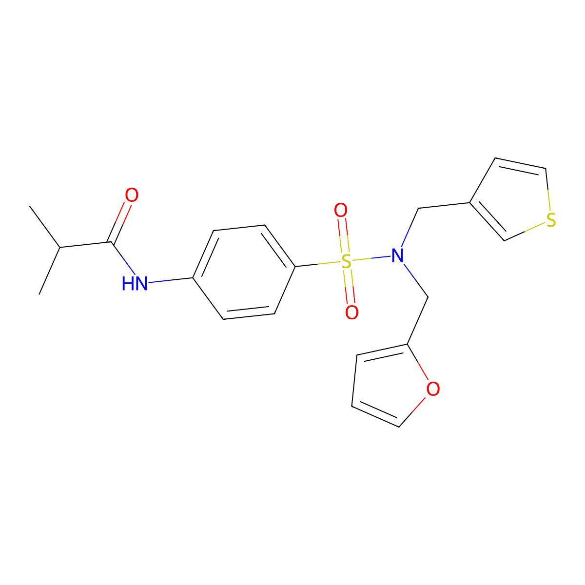 N-(4-(N-(furan-2-ylmethyl)-N-(thiophen-3-ylmethyl)sulfamoyl)phenyl)isobutyramide molecular structure, CAS 1226434-49-6