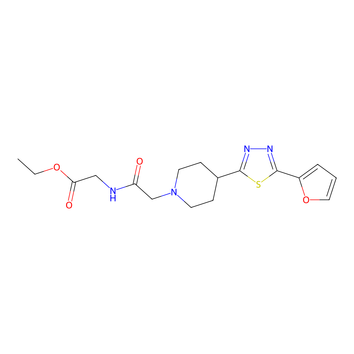 Ethyl 2-(2-(4-(5-(furan-2-yl)-1,3,4-thiadiazol-2-yl)piperidin-1-yl)acetamido)acetate molecular structure, CAS 1226435-08-0