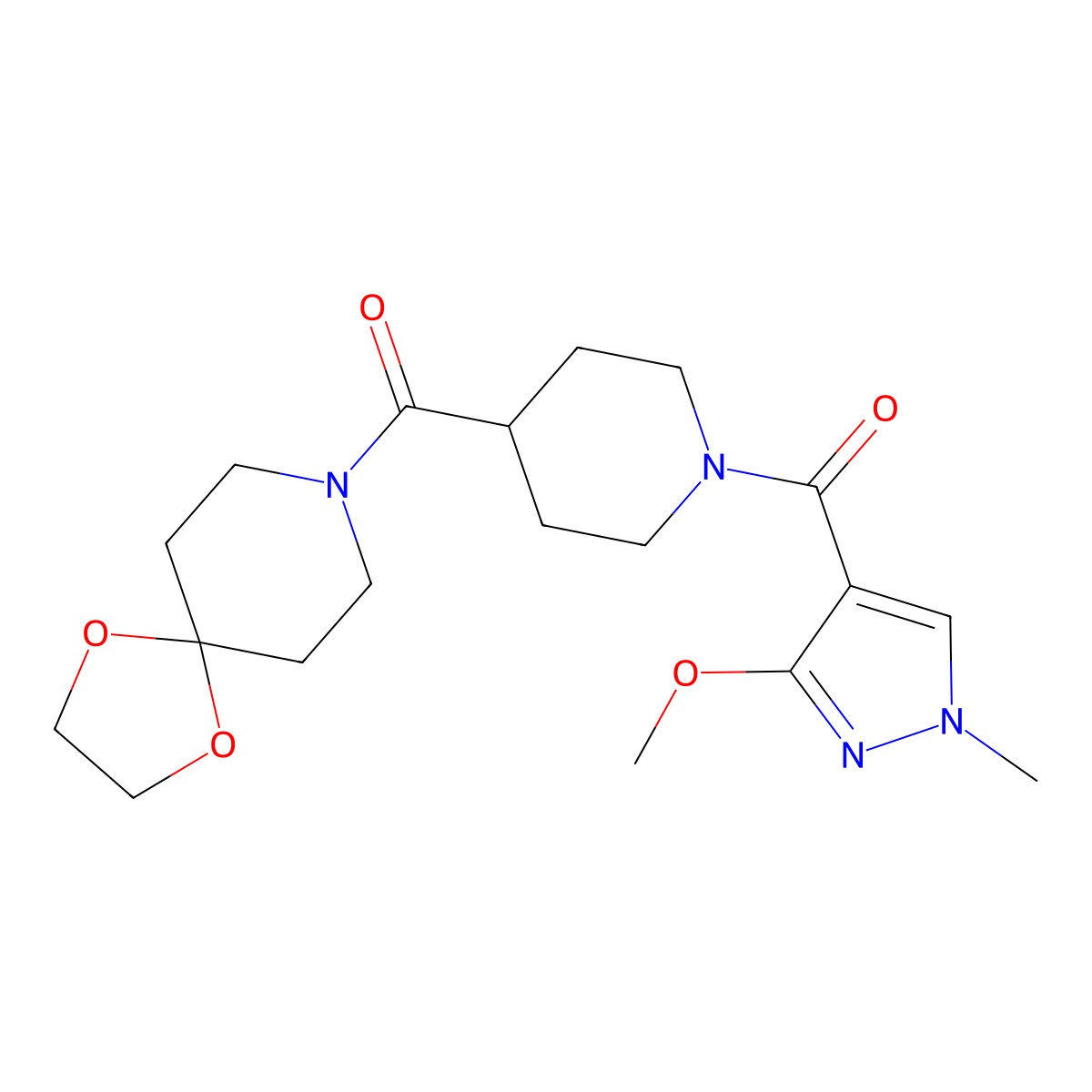 (4-(1,4-dioxa-8-azaspiro[4.5]decane-8-carbonyl)piperidin-1-yl)(3-methoxy-1-methyl-1H-pyrazol-4-yl)methanone molecular structure, CAS 1226435-09-1