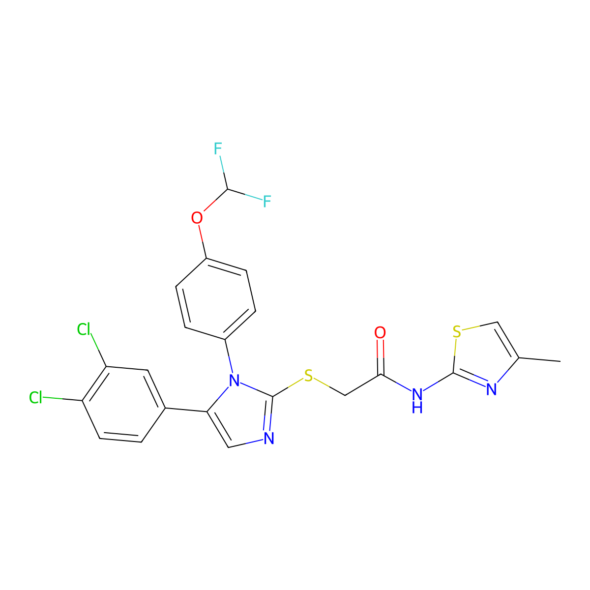 2-((5-(3,4-dichlorophenyl)-1-(4-(difluoromethoxy)phenyl)-1H-imidazol-2-yl)thio)-N-(4-methylthiazol-2-yl)acetamide molecular structure, CAS 1226435-10-4