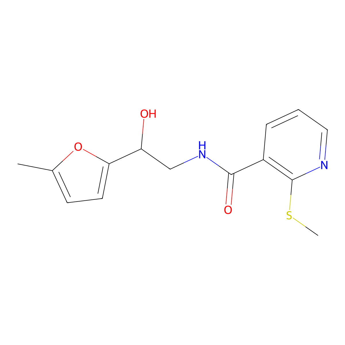 N-(2-hydroxy-2-(5-methylfuran-2-yl)ethyl)-2-(methylthio)nicotinamide molecular structure, CAS 1226435-11-5